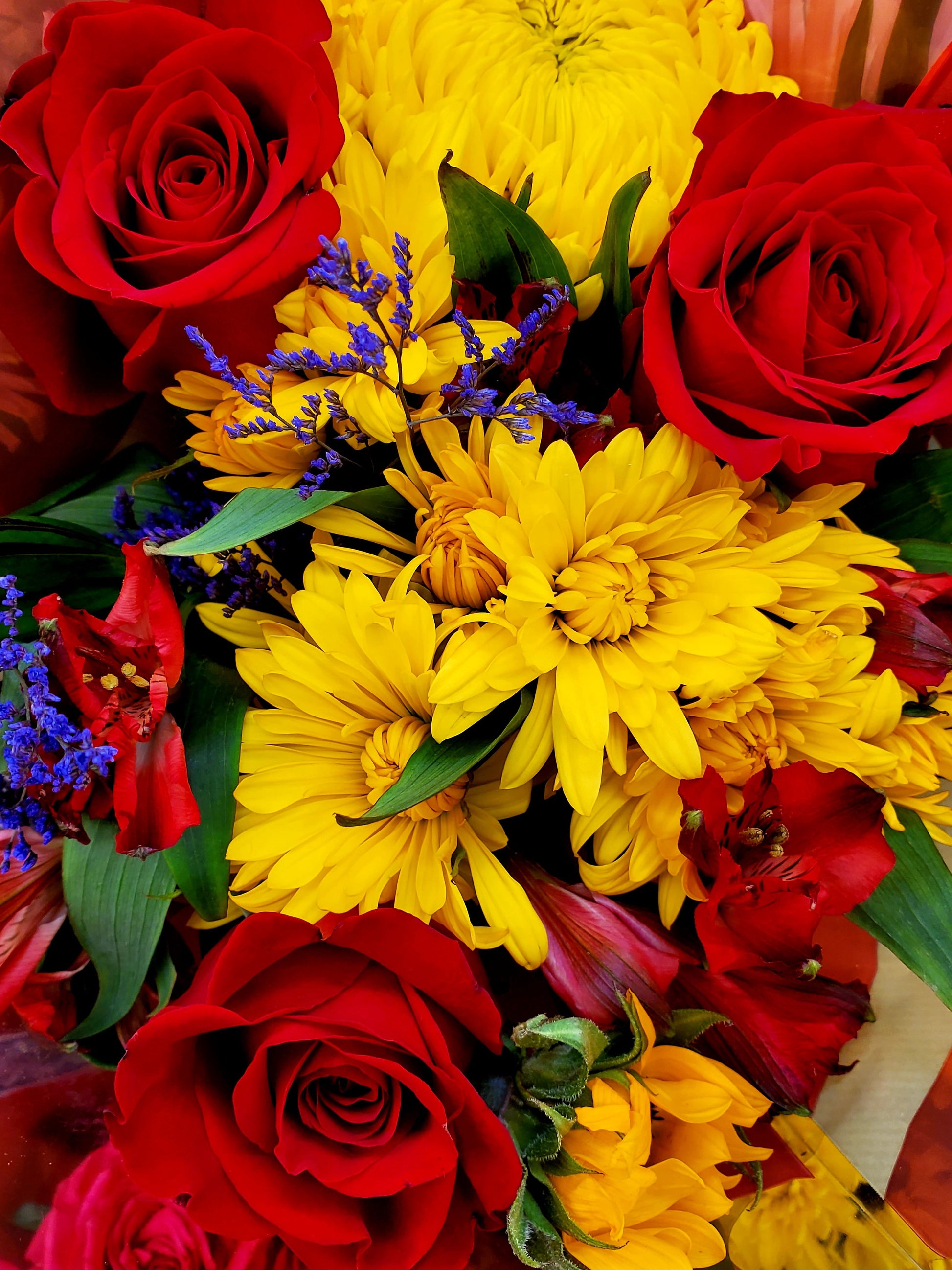 Festive bouquet with red roses and golden yellow chrysanthemums — Rakhi Celebration Bouquet by Local Flower Girl